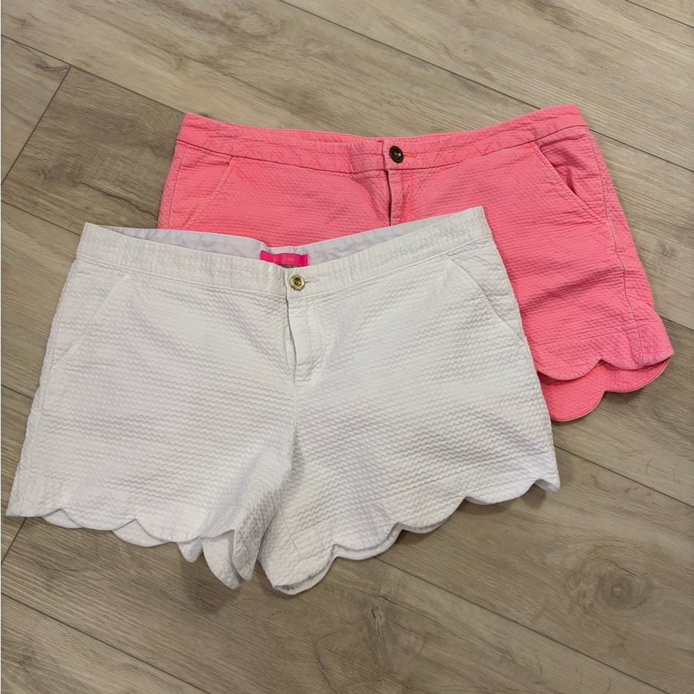 Scallop Hem Women’s Shorts - White and Pink